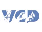 Graphic image with blue letters spelling out V-C-D on a white background. Hands signing each of the letters V-C-D are on the front of the letters