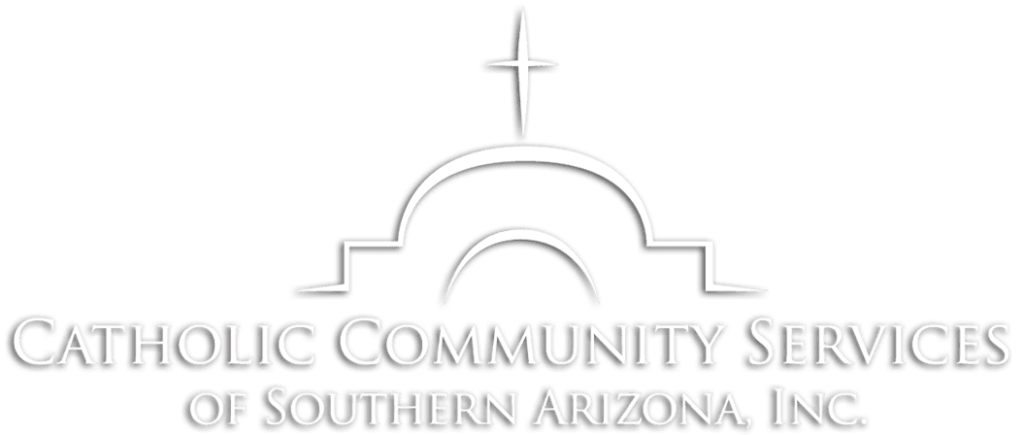 Graphic of a church with a cross on top. The words beneath the church read Catholic Community Services of Southern Arizona, Inc in white letters.