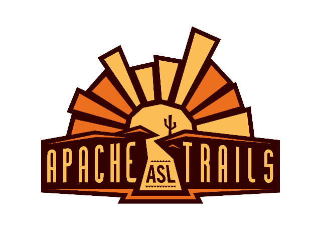 A graphic of a sun in orange and yellow in the background with a small cactus in front of it. In yellow on a brown background are the words Apache ASL Trails
